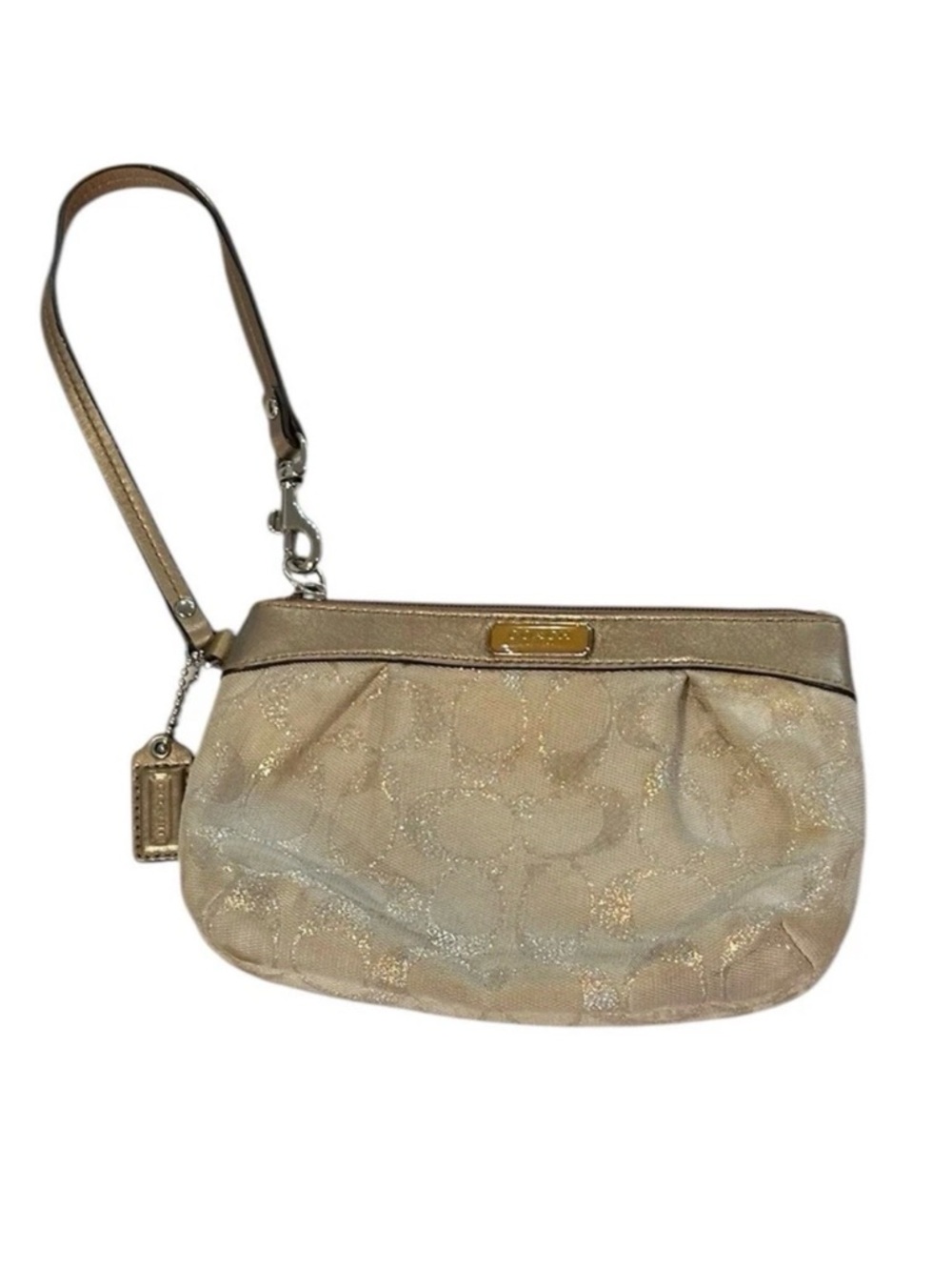 COACH Signature Metallic Gold/Beige Leather Wristlet Small Zip W/ Charm